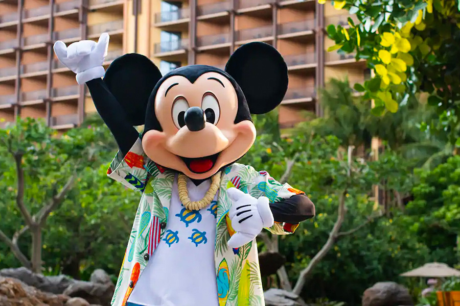 Mickey Mouse in his Hawaiian attire spreads joy at Aulani, adding a touch of Disney magic amidst the resort's tropical charm.