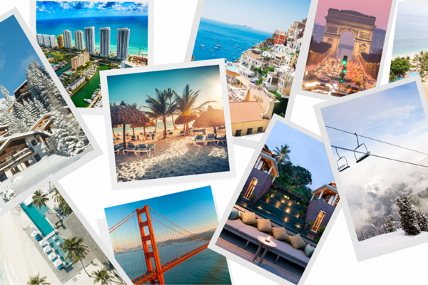 Collage of vibrant travel destinations featuring snowy ski lodges, tropical beach resorts, iconic landmarks like the Golden Gate Bridge and Arc de Triomphe, and luxurious retreats, showcasing the endless possibilities of dream vacation getaways.