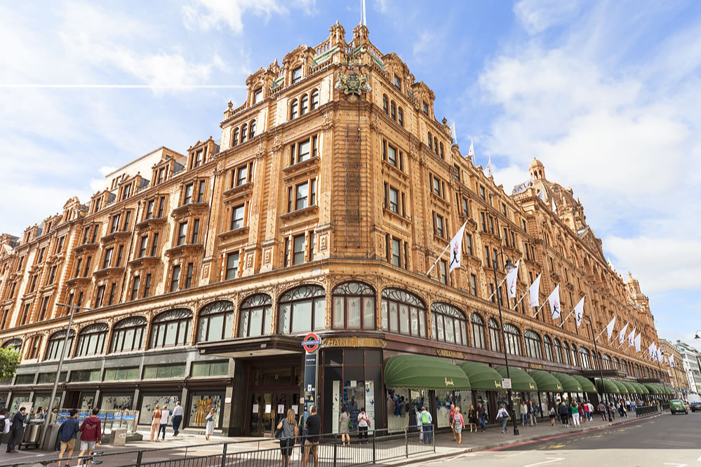 Harrods luxury department store in London, an iconic shopping destination with its historic architecture and exclusive retail experience.