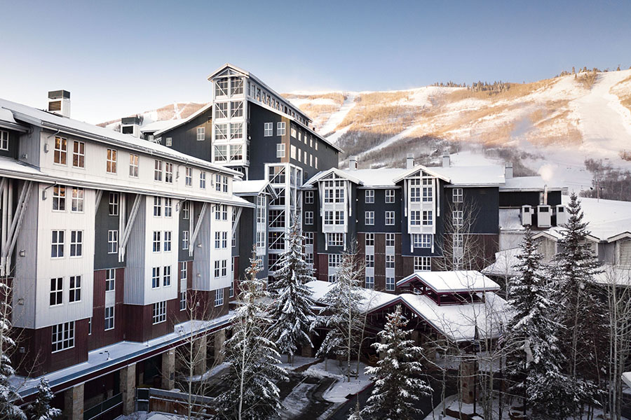 Winter resort view of Marriott’s Mountainside at Park City, surrounded by ski slopes.