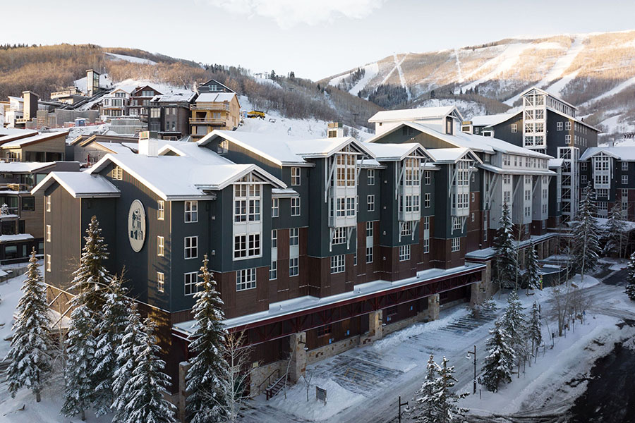 Aerial perspective of Marriott’s Mountainside, showcasing its prime mountain location.