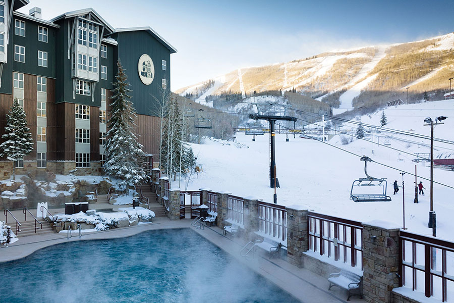 Scenic outdoor pool at Marriott’s Mountainside, offering relaxation in a winter wonderland.