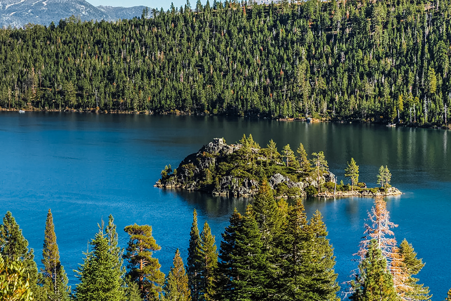 Emerald Bay in Lake Tahoe, California, with panoramic views of the famous Fannette Island and surrounding evergreen forest.